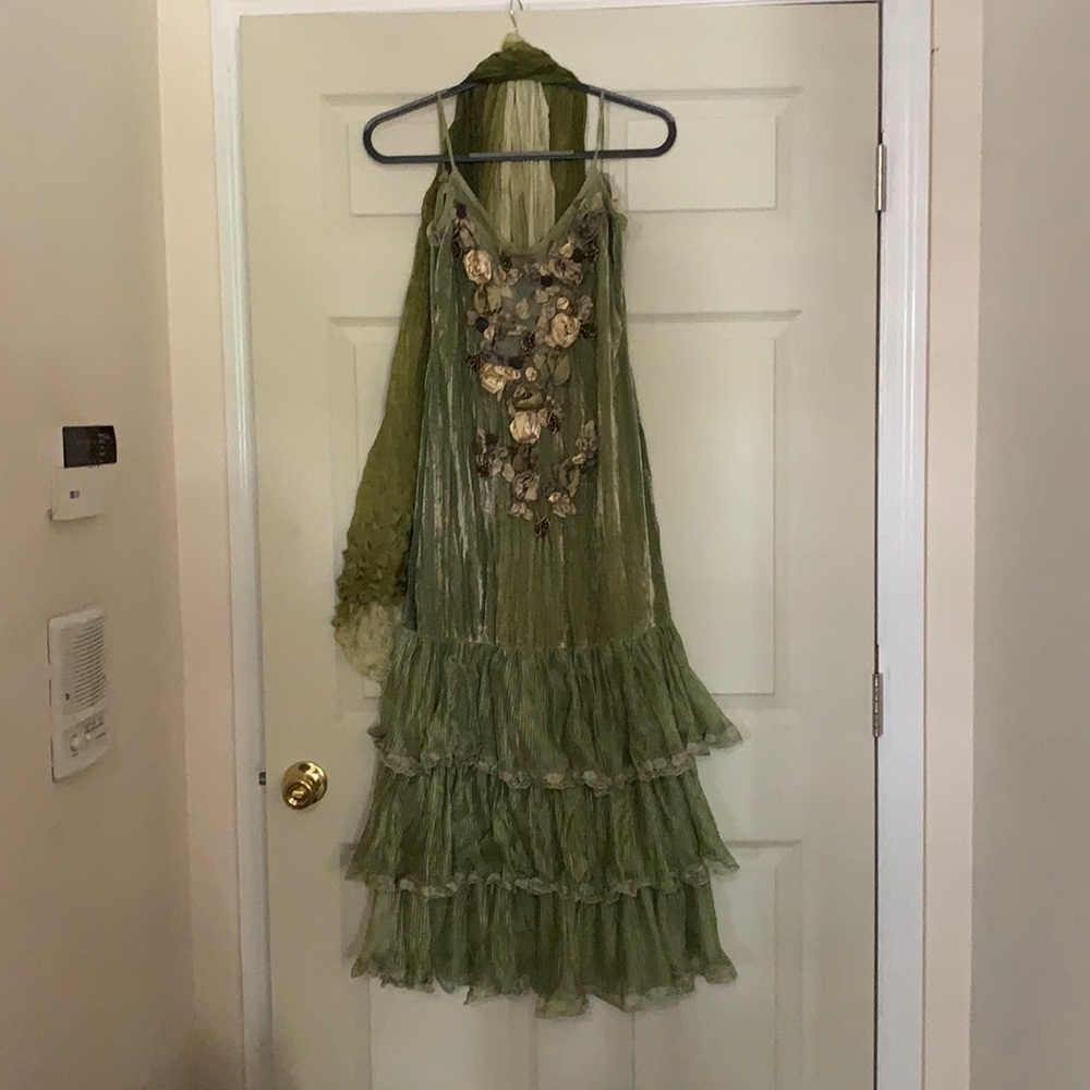 Long dressy spaghetti strap dress and scarf